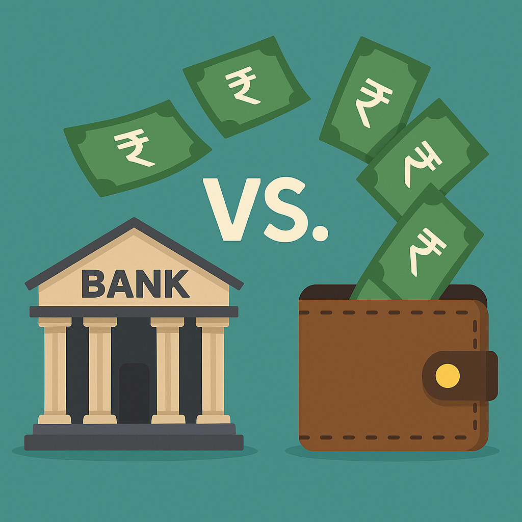 Flat-style illustration showing a bank building vs a wallet with rupee notes for beginners in India