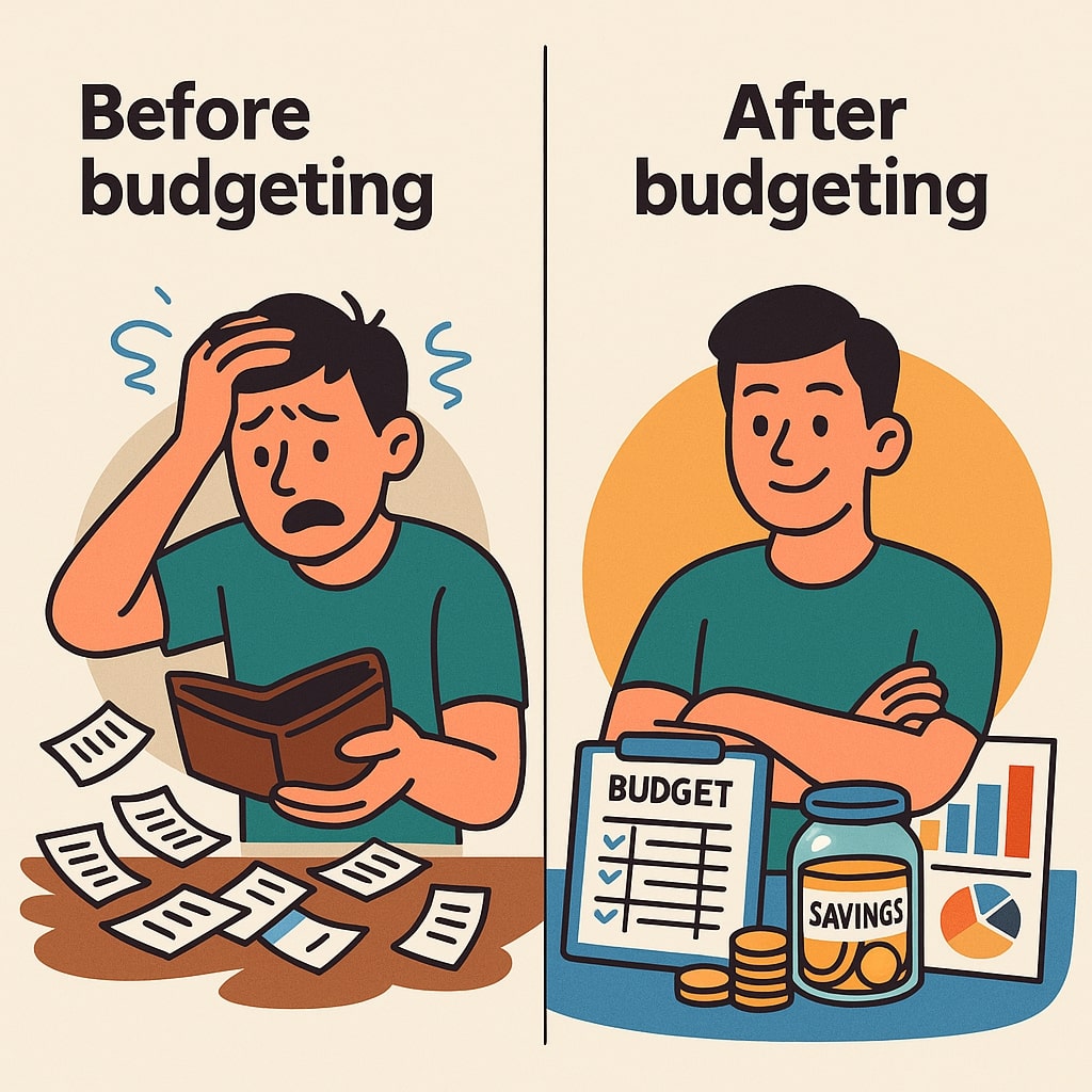 Before budgeting vs after budgeting illustration showing a beginner confused with empty wallet and then organized with a budget plan - how to start budgeting for beginners
