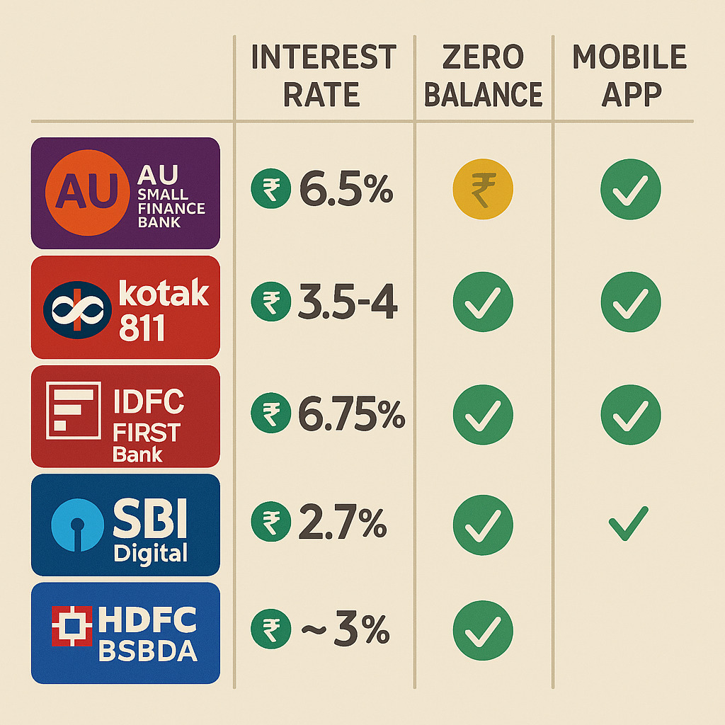 Infographic comparing five Best Savings Accounts for Beginners in India side-by-side with their logos and features: interest rate, zero balance, and mobile app availability