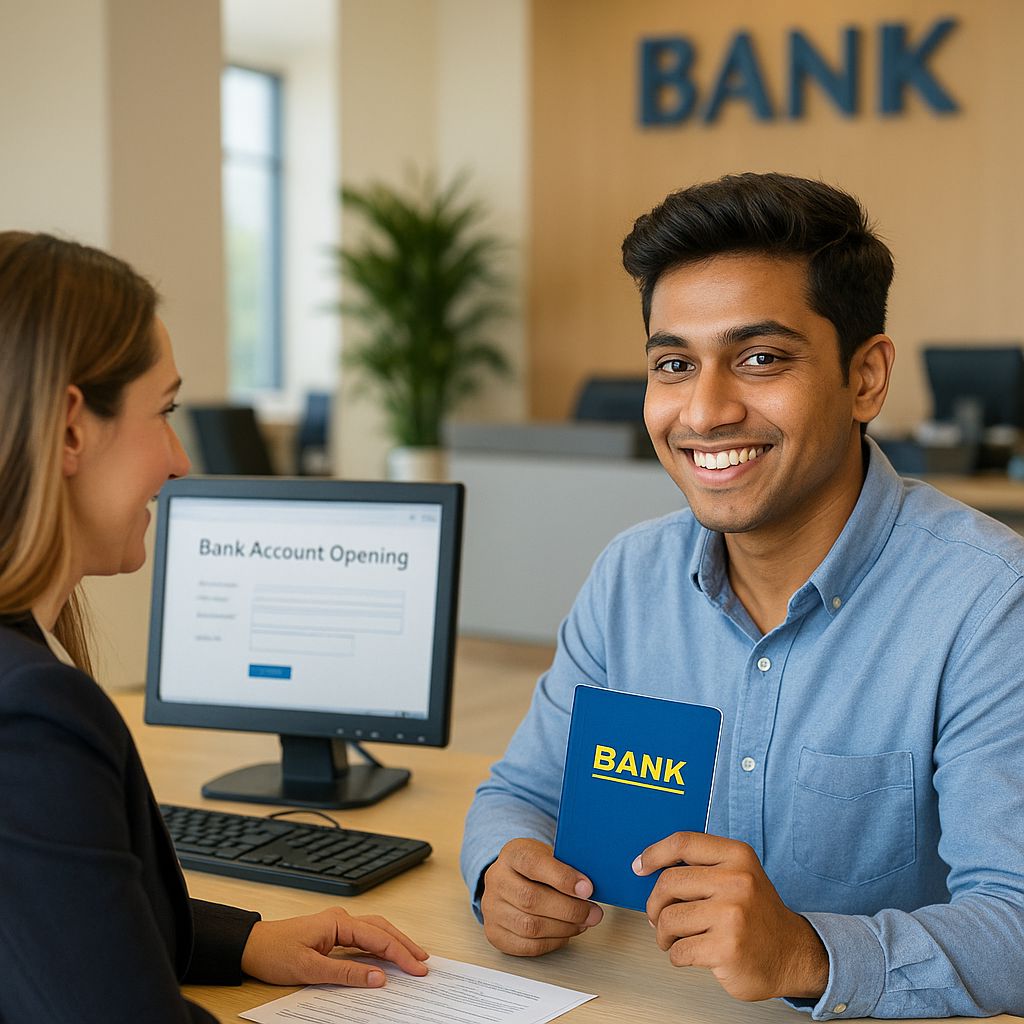 Young adult opening a bank account – friendly bank vibe illustration for beginners in India