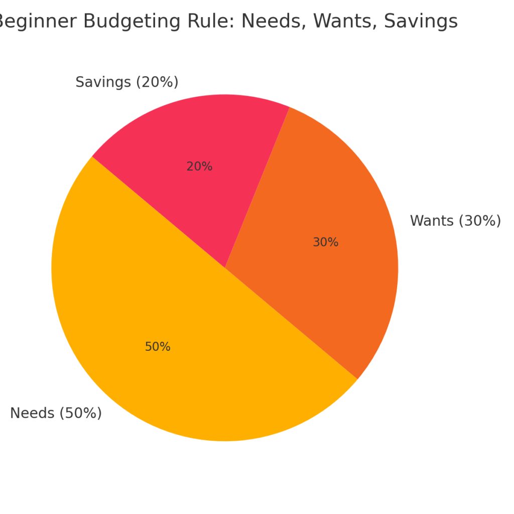 Budgeting pie chart for beginners showing needs vs wants vs savings