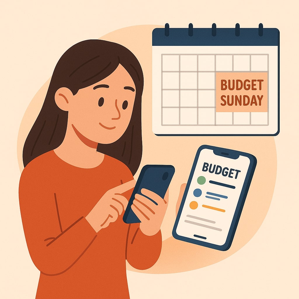 Illustration of a beginner budgeting on a phone with a calendar marked Budget Sunday - how to start budgeting for beginners