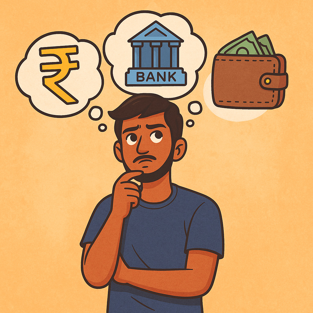 Cartoon illustration of a young adult thinking with floating rupee, bank building, and wallet icons around his head