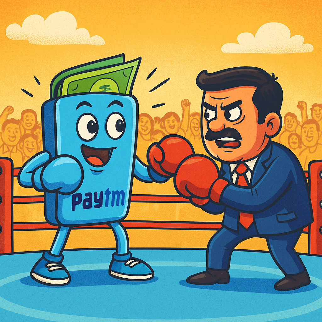 Funny cartoon of Paytm wallet person vs banker in a boxing ring, illustrating digital wallet vs bank comparison