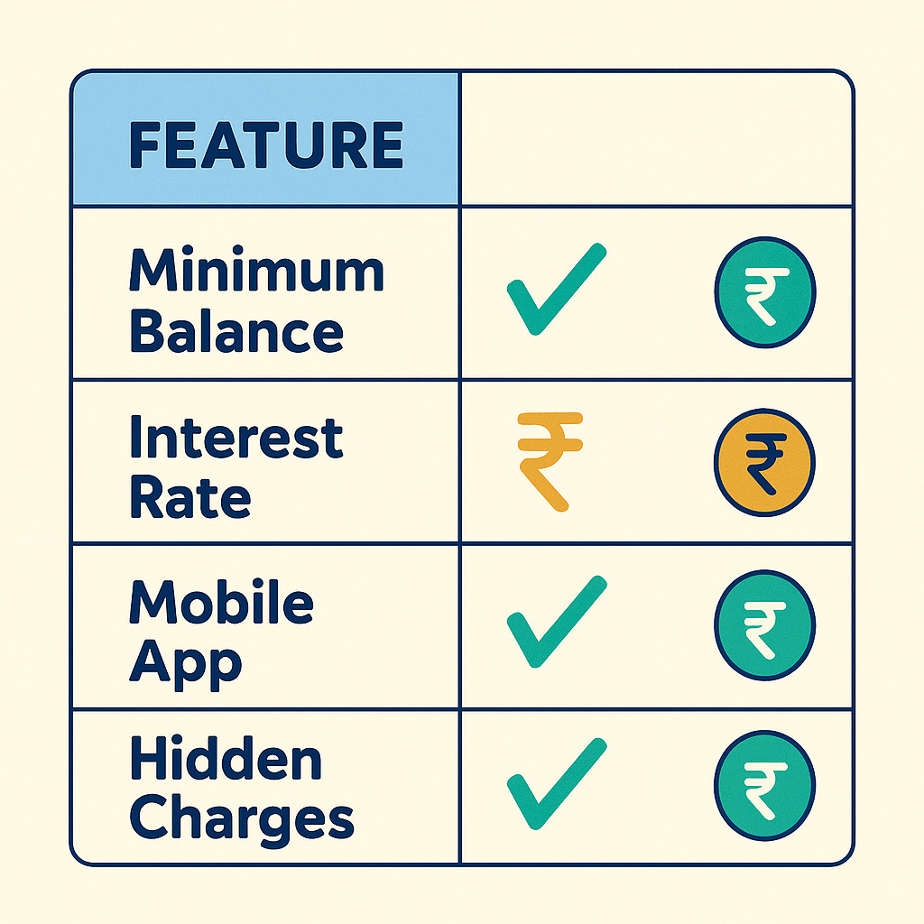 Flat-style table comparing features with checkmarks and rupee icons for minimum balance, interest rate, mobile app, and hidden charges