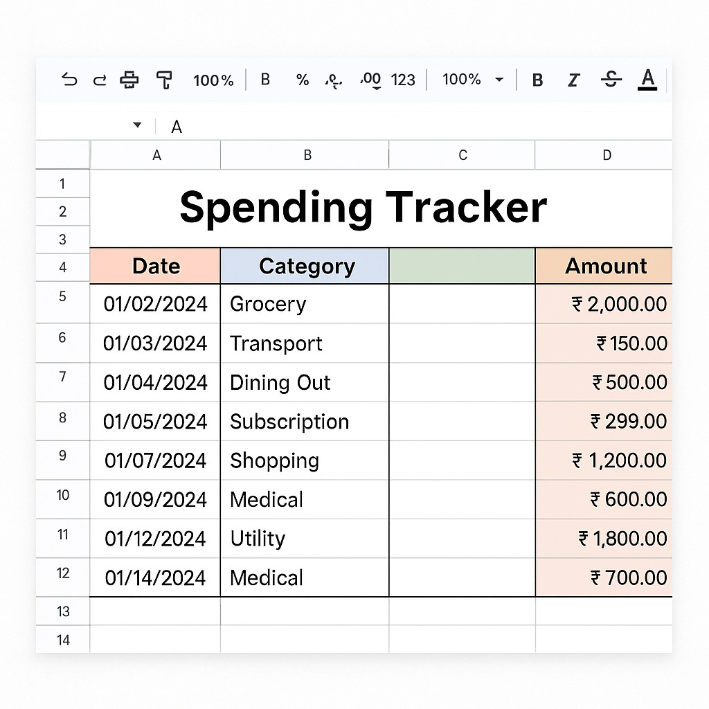 Screenshot of a Google Sheets spending tracker with color-coded columns for date, category, and amount to help identify budgeting mistakes.