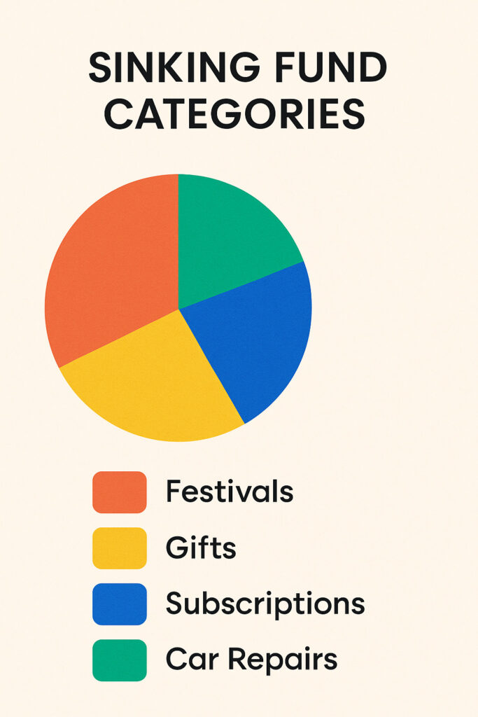 Pie chart showing sinking fund categories including festivals, gifts, subscriptions, and car repairs to help avoid budgeting mistakes.