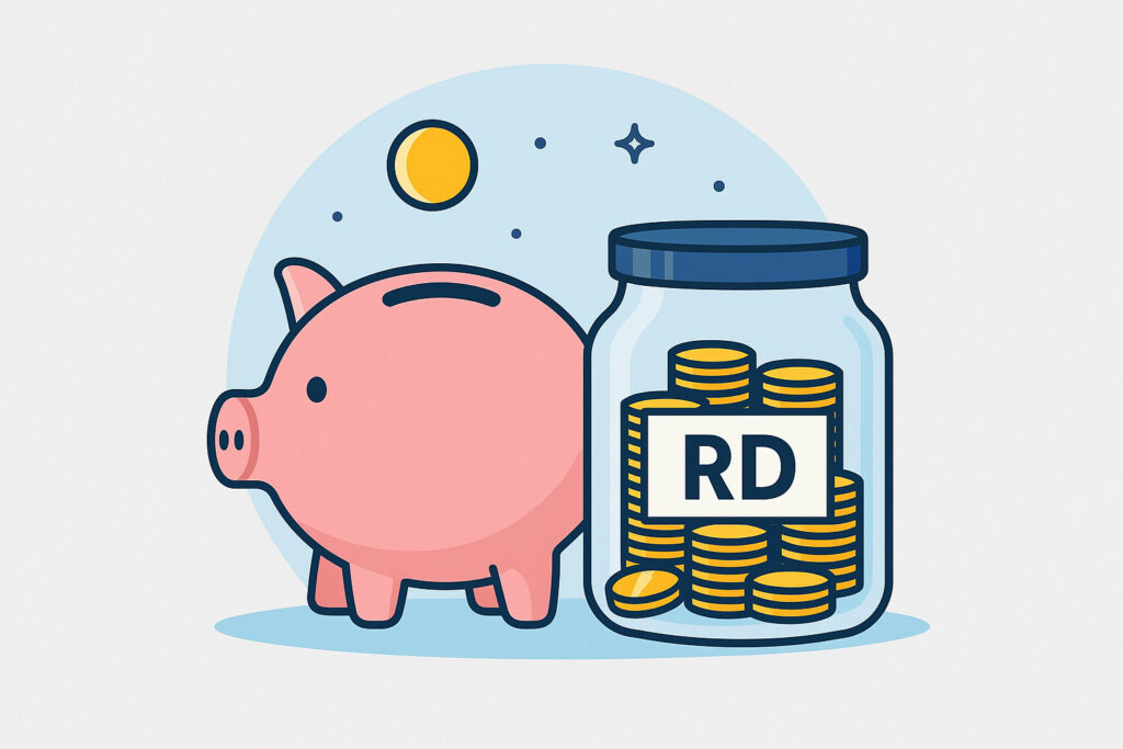 Piggy bank and labeled RD jar filled with coins, symbolizing safe and disciplined savings through Recurring Deposits (RD) for beginners.