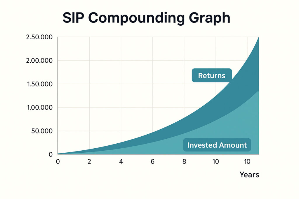 SIP compounding graph showing the difference between invested amount and total returns over 10 years, highlighting long-term growth through mutual fund SIPs.