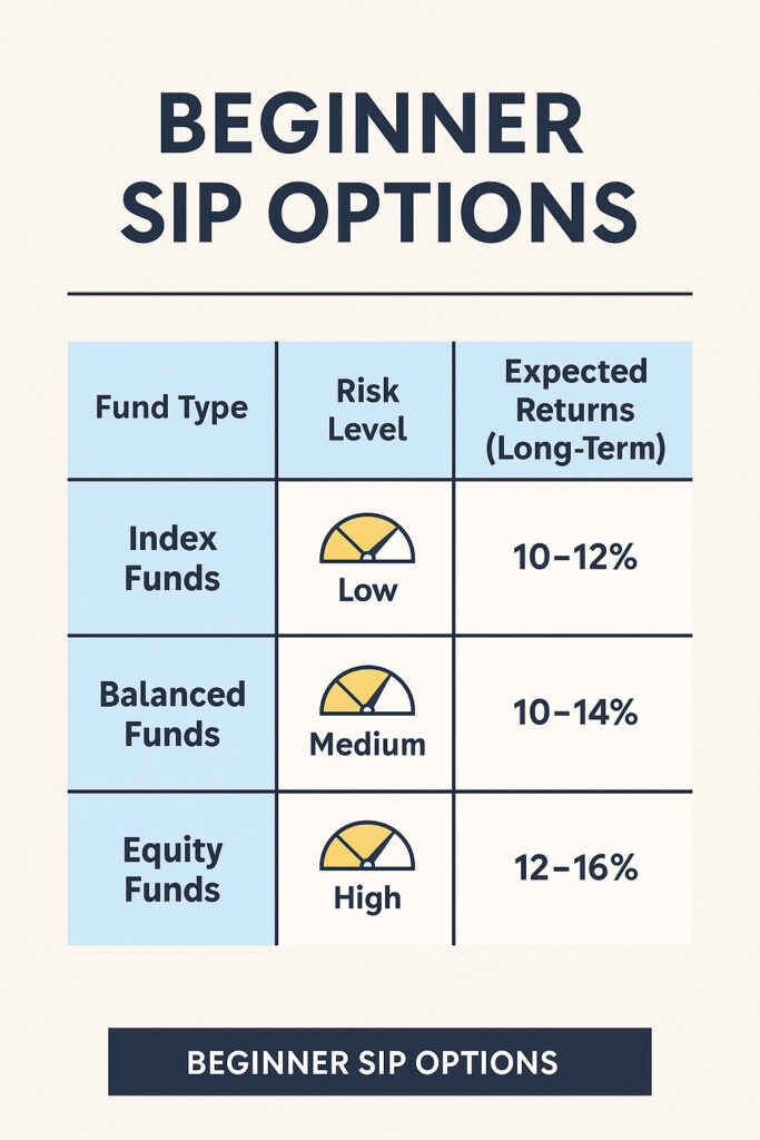 Infographic comparing beginner SIP options with expected returns and risk levels, designed to help readers start SIP with ₹500 confidently.