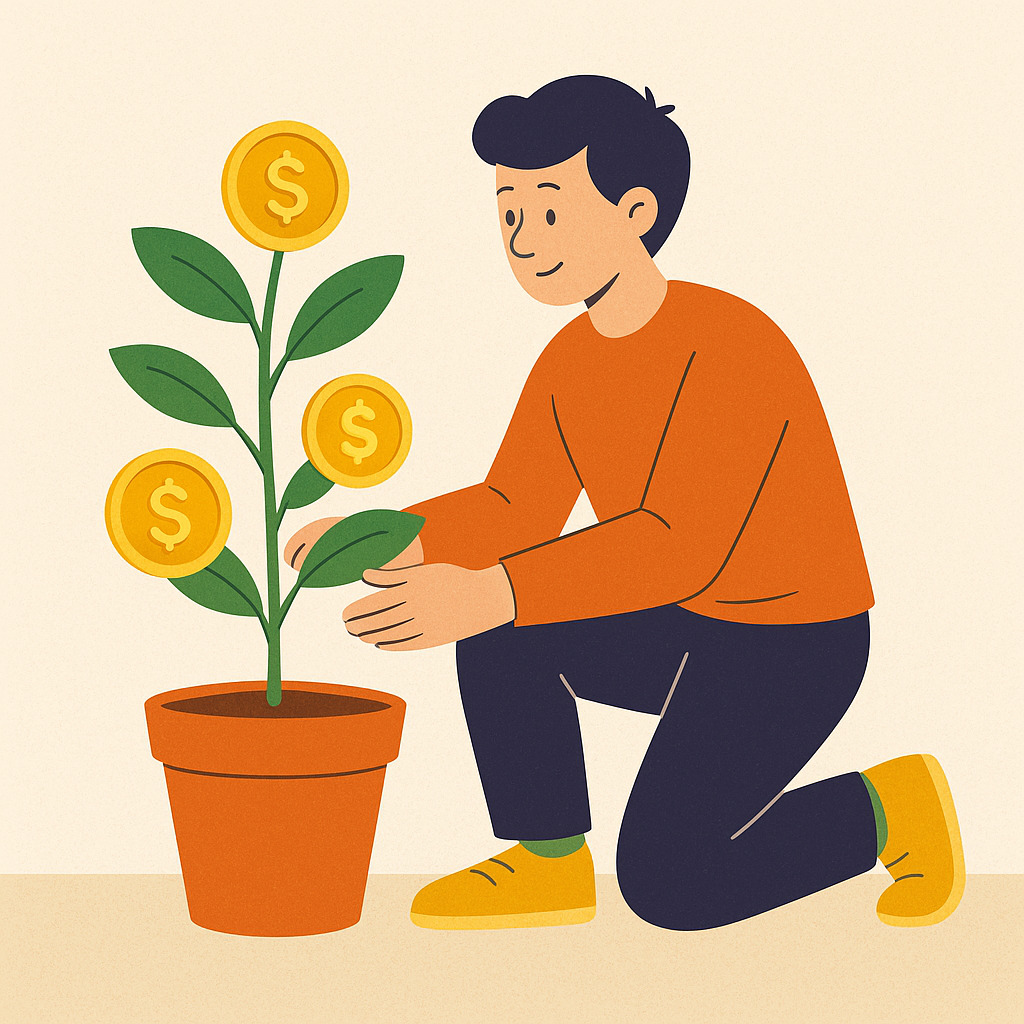 Illustration of a beginner nurturing a money plant growing from a pot, symbolizing the growth of personal finance through small, consistent investments.