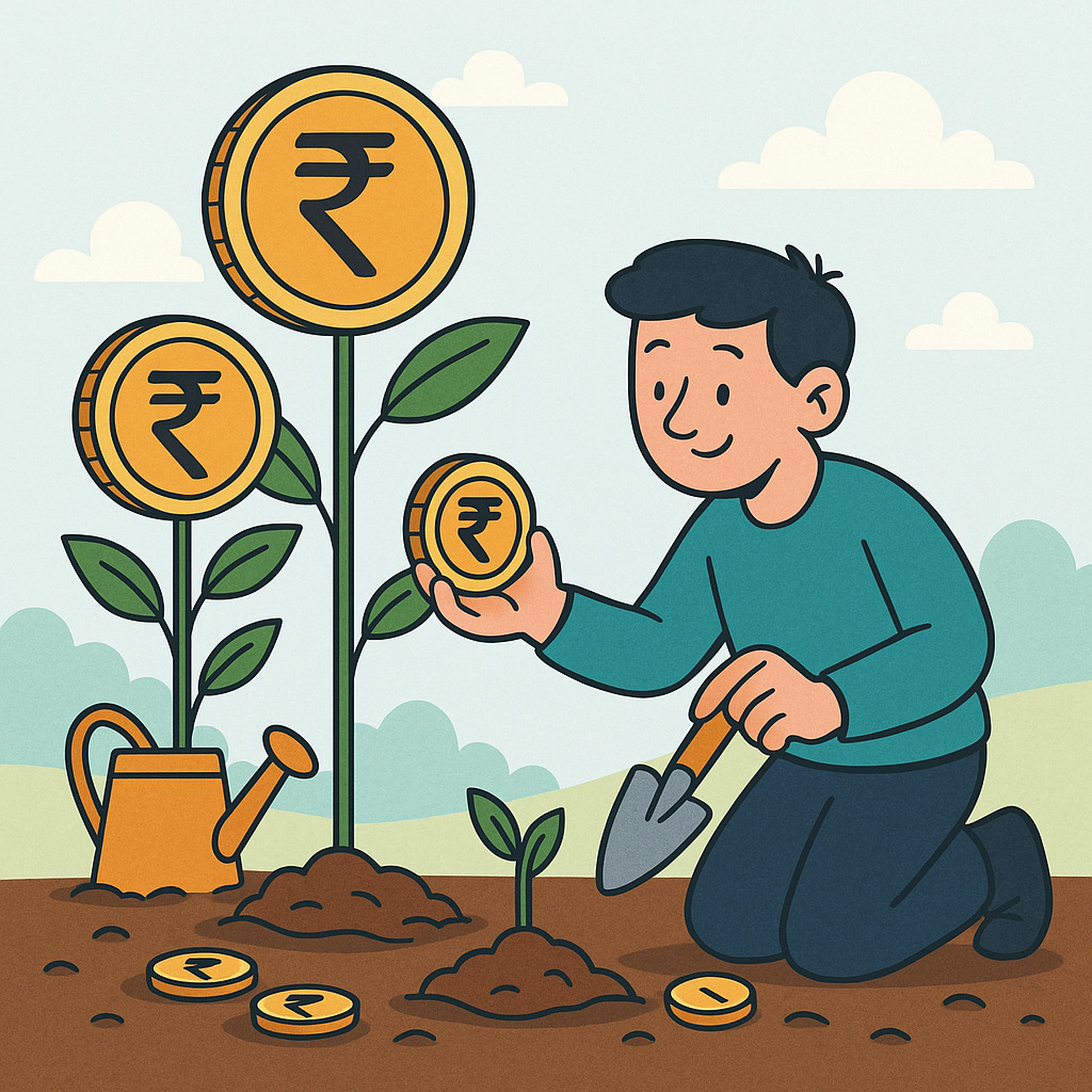 Cartoon illustration of a beginner planting coins that grow into rupee trees, symbolizing how to start SIP with ₹500 and build long-term wealth.