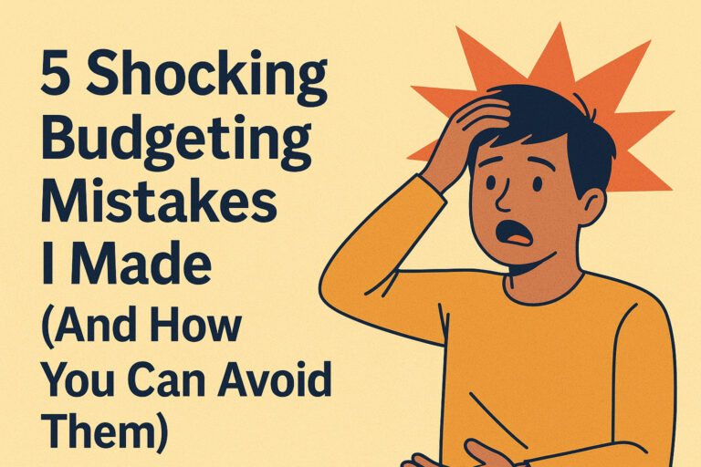 Illustration of a surprised Indian man reacting to budgeting mistakes with bold headline ‘5 Shocking Budgeting Mistakes I Made (And How You Can Avoid Them)’ on a beige background.