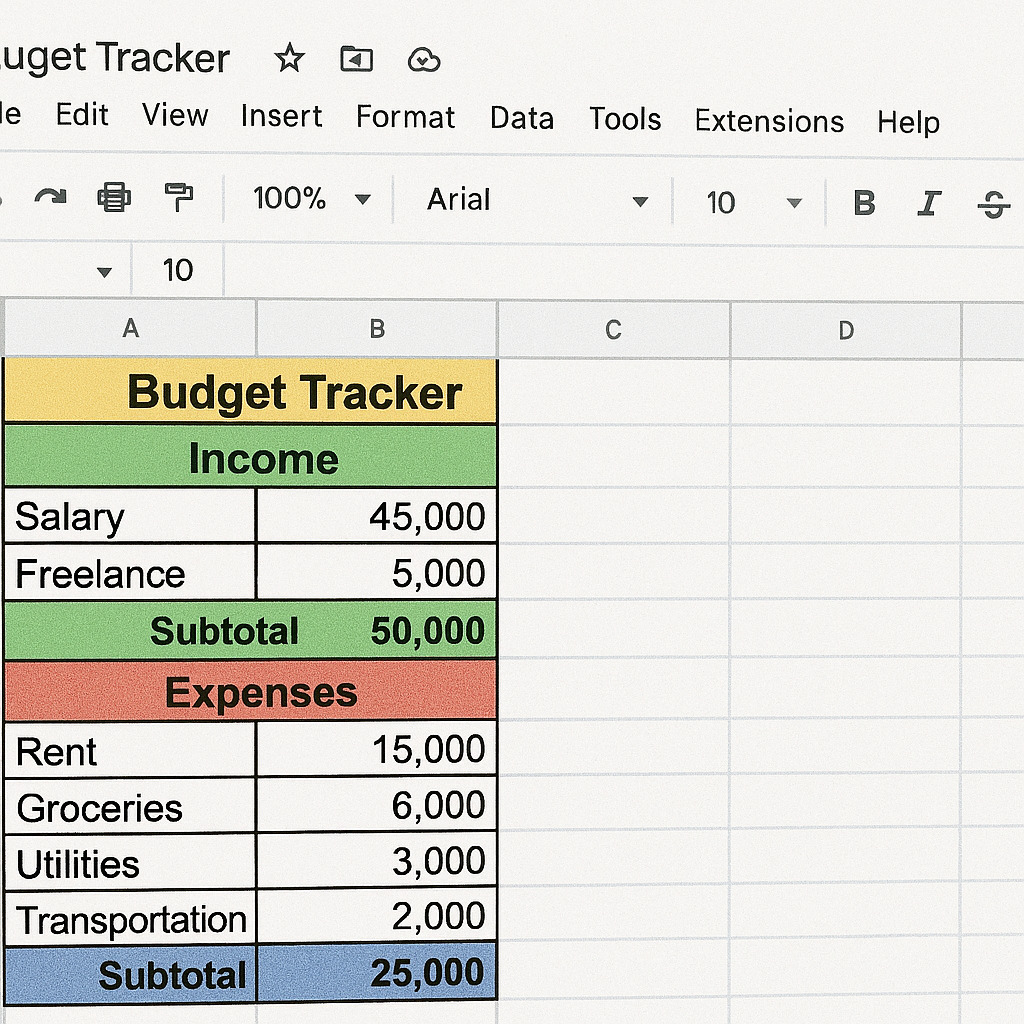 Screenshot of a color-coded Google Sheet budget tracker showing income, expenses, and savings to explain how to save ₹1000 every month.