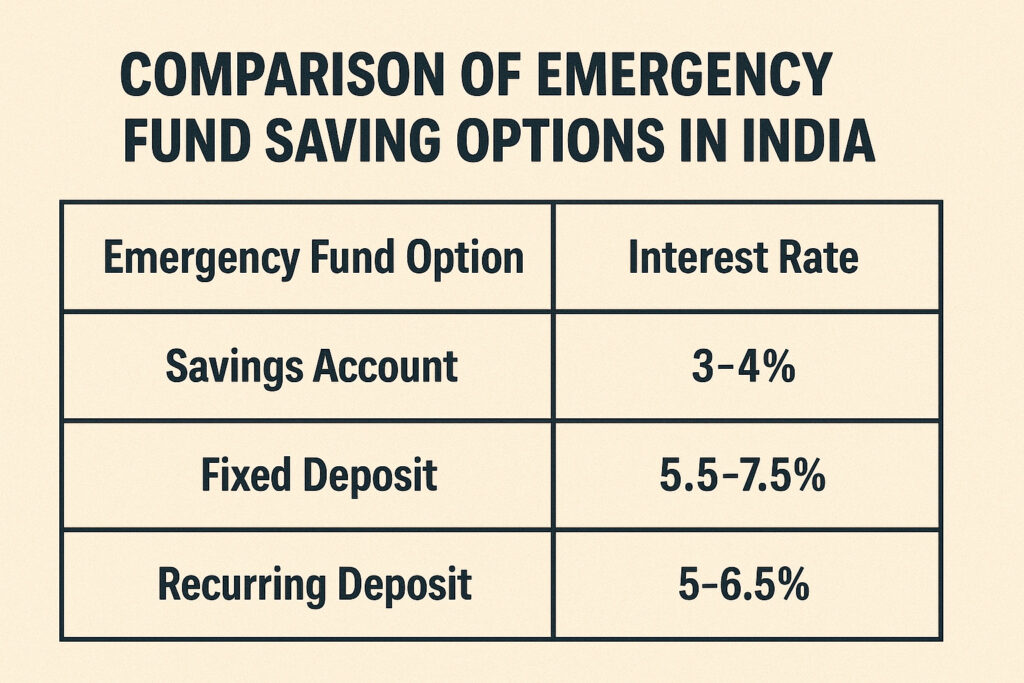 Comparison table of emergency fund saving options in India showing interest rates for savings accounts, fixed deposits, and recurring deposits — essential for learning how to build an emergency fund in India.