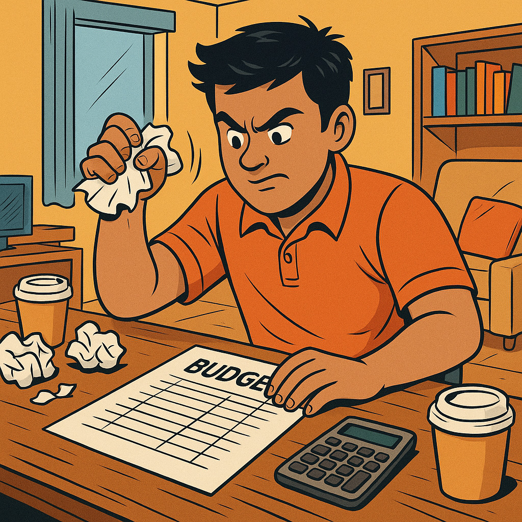 Comic-style illustration of a frustrated man crumpling a budget sheet at his desk, symbolizing the emotional struggle of budgeting mistakes and trying again.