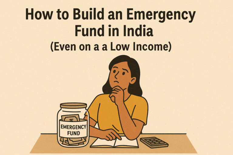 featured image with piggy bank, emergency cash box, and rupee coins — illustrating how to build an emergency fund in India for beginners.