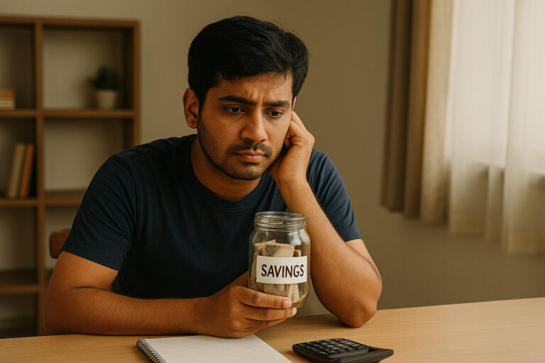Young Indian man thinking about how to save ₹1000 every month while holding a savings jar with rupee notes, sitting at a table with a calculator and notebook.