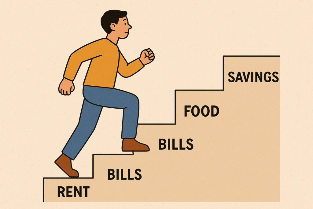 Illustration showing how to save ₹1000 every month with a person climbing financial steps labeled rent, bills, food, and savings.
