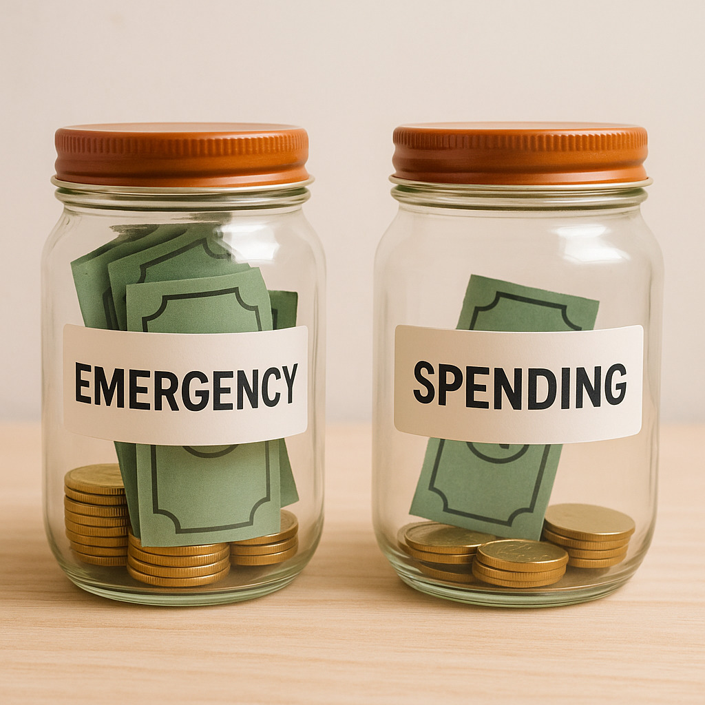 Realistic photo of two labeled jars for Emergency and Spending — illustrating how to build an emergency fund in India with clear visual budgeting.