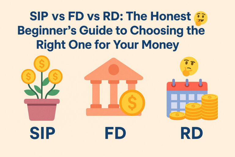 Illustration comparing SIP vs FD vs RD with icons for each investment type and the blog title ‘SIP vs FD vs RD: The Honest Beginner’s Guide to Choosing the Right One for Your Money’.
