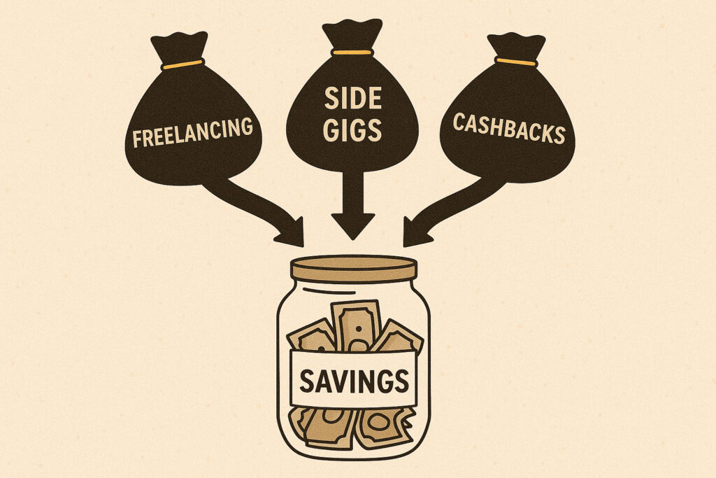 Graphic showing small income streams like freelancing, side gigs, and cashbacks adding up to savings, supporting how to save ₹1000 every month.