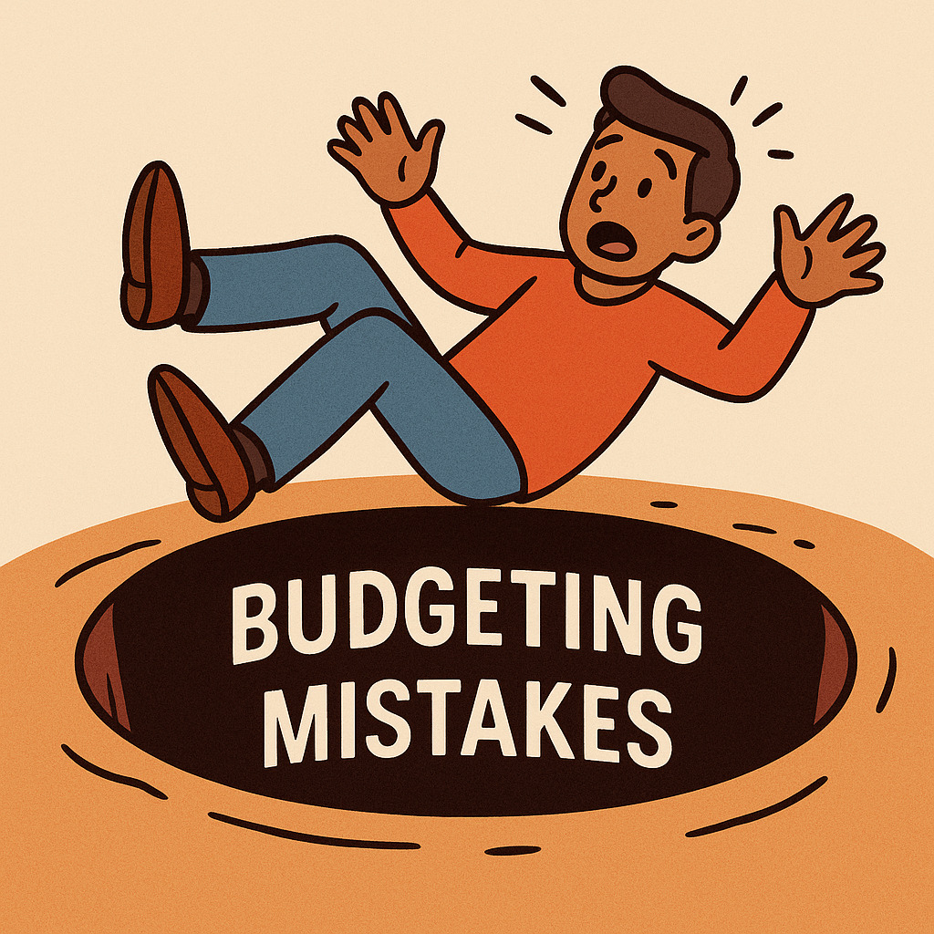 Cartoon of a young Indian man falling into a dark pit labeled ‘Budgeting Mistakes’, symbolizing financial pitfalls in personal budgeting.